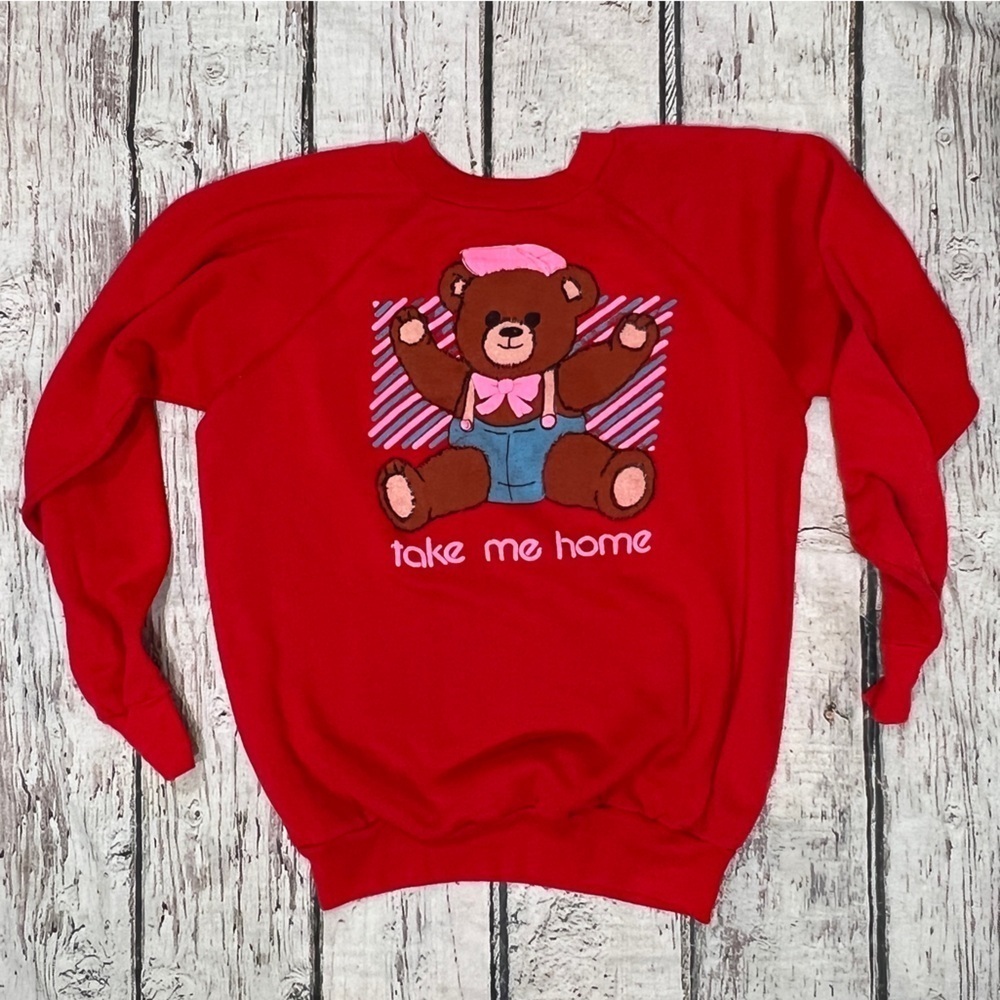 Vintage 80s Take Me Home Teddy Bear Red 1980s Crewneck Sweatshirt